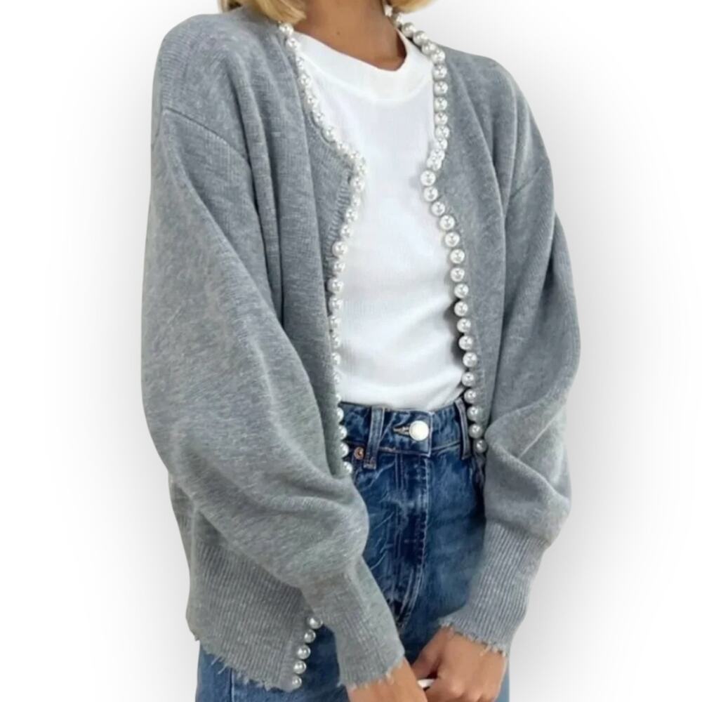 Commense Pearl Trim Cardigan Gray Knit Sweater NWT Size L - Modern Classic - Picture 2 of 7